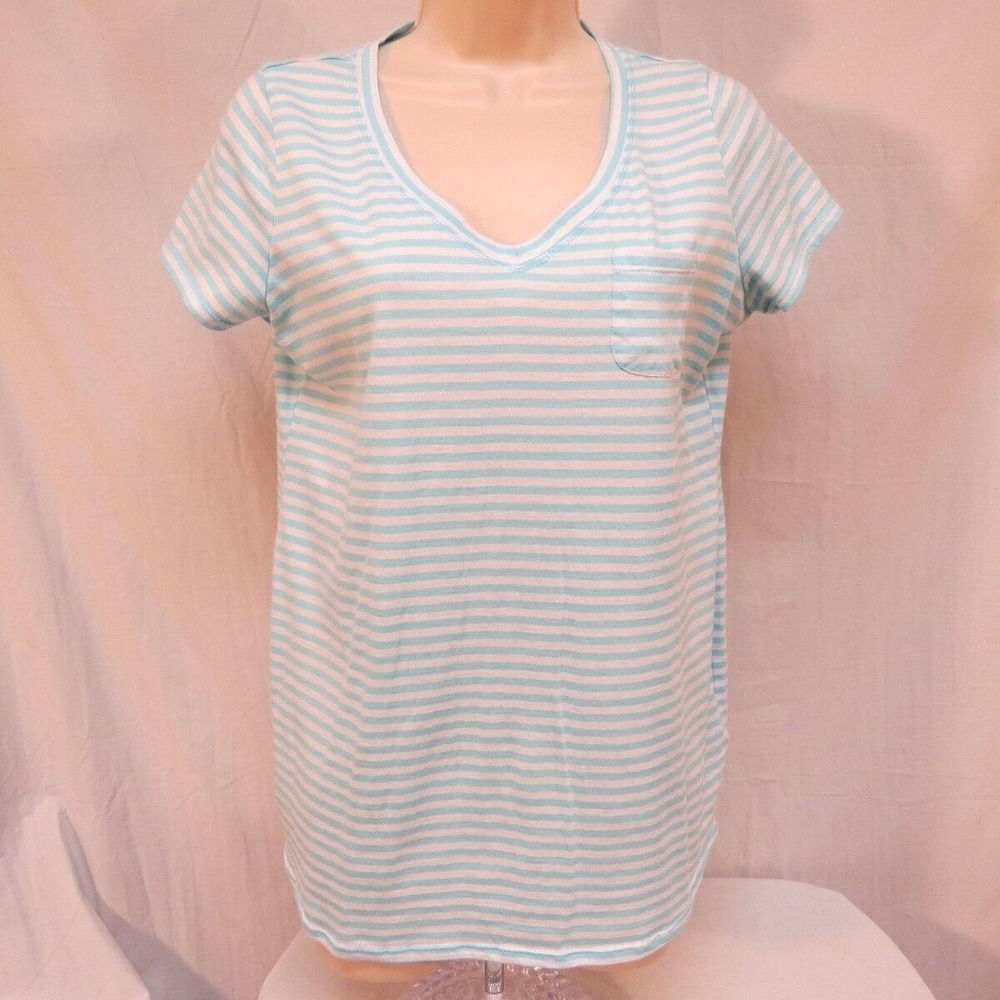 Motherhood Maternity T-shirt Striped Aqua and White Top w/ Small Pocket Size S